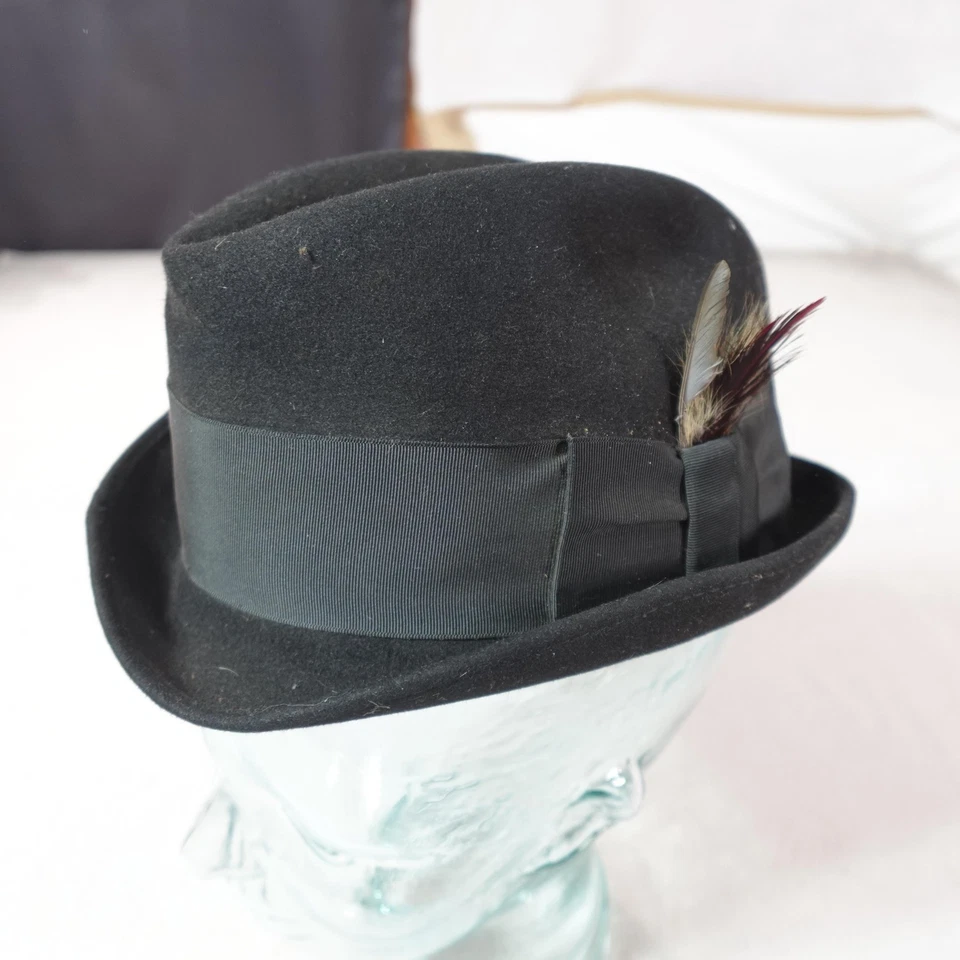 Wormser Hat Fedora Mens Medium Black Felt Lancer Feather Grosgrain Band Classic - Image 3 of 4