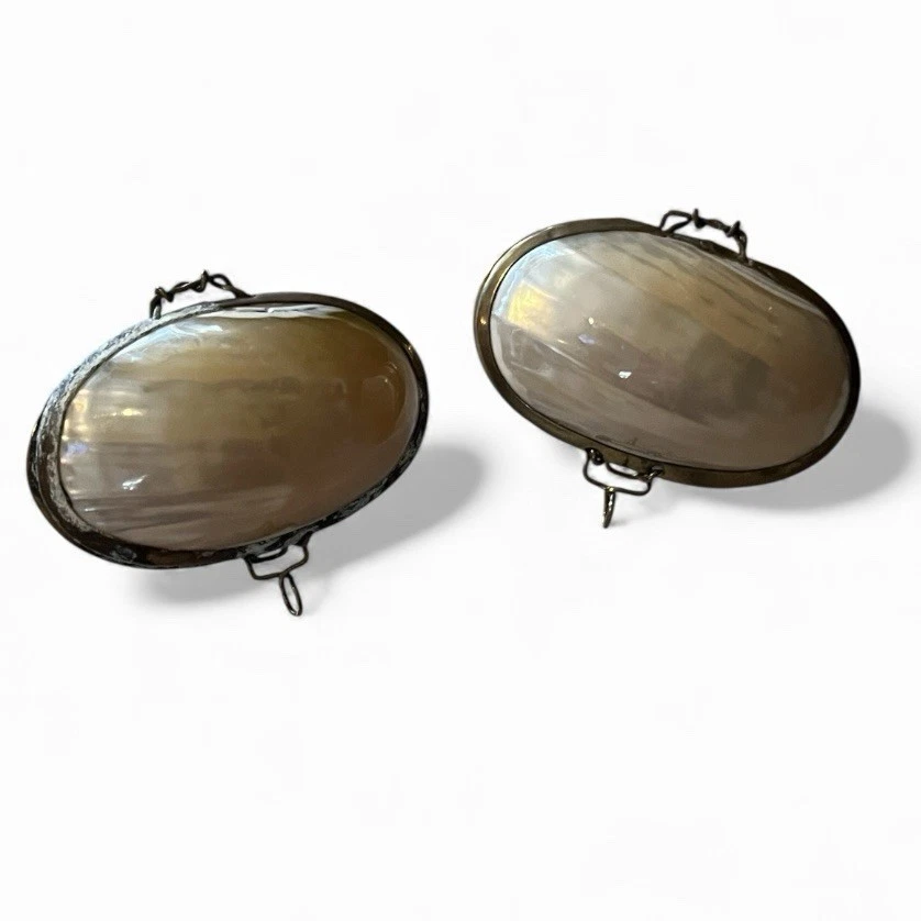 "Antiguo par de cajas de monedero con caparazón de madreperla de 2"" de colección con carcasa de almeja" Foto 2 de 4