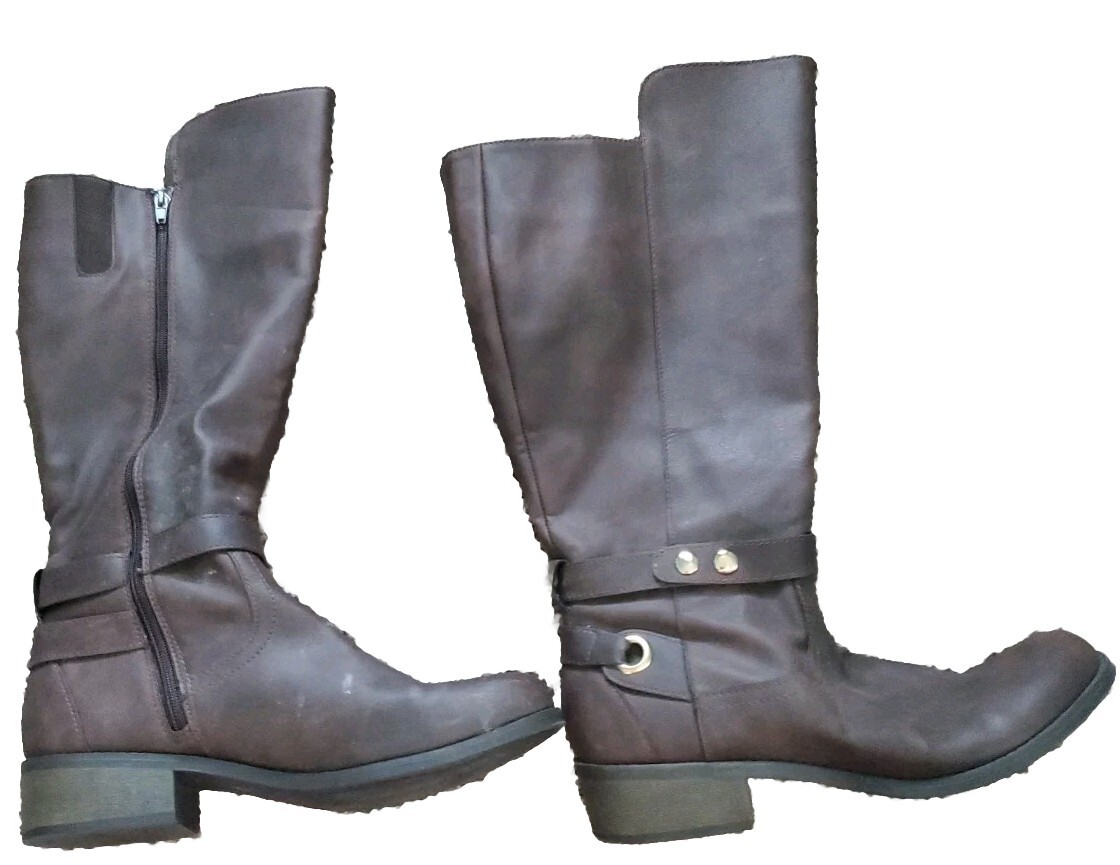 Soft Taupe Brown Leather Buckle Accent Side Zip Riding Boots Size 10W W Calf Wmn