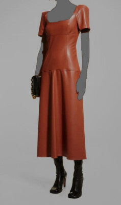knee length dresses for ladies Cognac Shirred Faux Leather Strapless Midi Dress