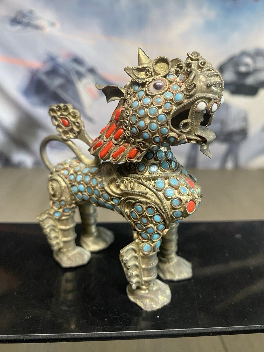 Vtg Tibetan Foo Dog Incense Burner Brass Filigree Turquoise Coral
