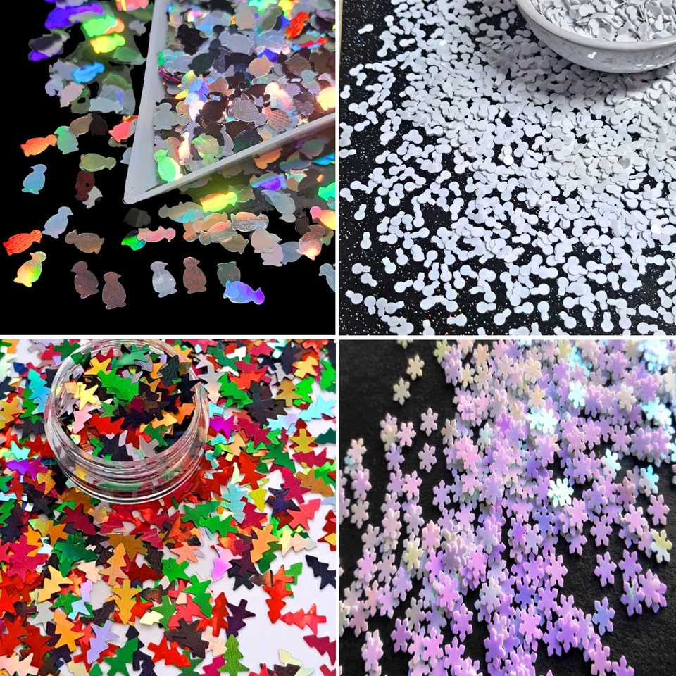 NAIL ART GLITTER XMAS SNOWFLAKE TREE SNOWMAN PENGUIN GLITTER SEQUIN SHAPES