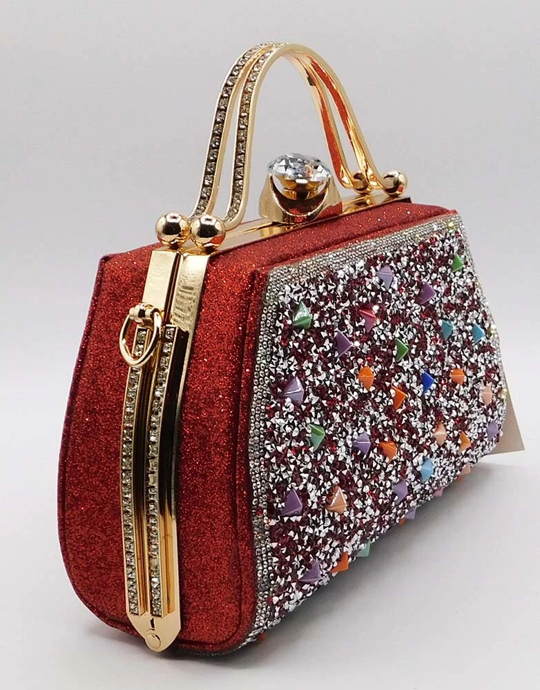 Vintage Rhinestone Evening Handbag Handle Wedding Party Clutch Purse Red 4296