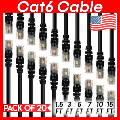 20 x Cat 6 Patch Cord Black Cat6 Cable Ethernet RJ45 Connectors Internet Wire