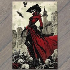 FLATCARD Woman in Red Coat Gothic Fantasy Castle Skeletons Dark Illustration