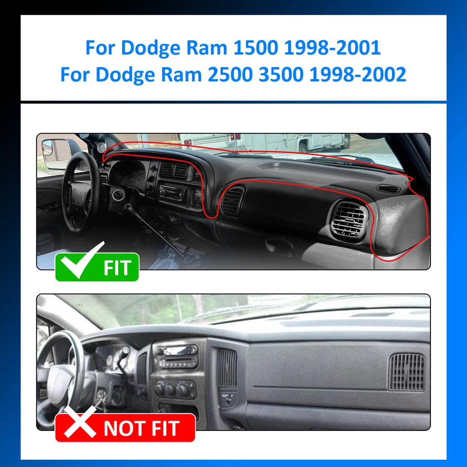 For 1998-2002 Dodge Ram 1500 2500 3500 Dashboard Panel Dash Pad Top Cover Black - Imagem 2 de 4
