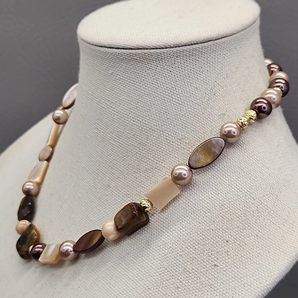 石头串珠项链棕色老虎眼拖把玛瑙玻璃金色珠宝首饰 19 — 第 3/4 张图片