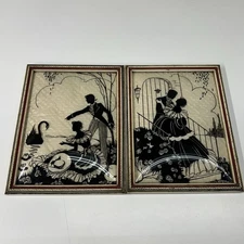 VTG Reverse Painted Silhouette Victorian Couple On Convex Bubble Glass Set Of 2
