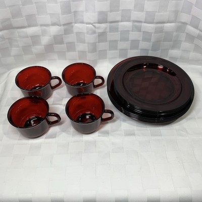 Arcoroc France Ruby Red Glass Tea/Coffee Cup & Plates VTG (4) Sets