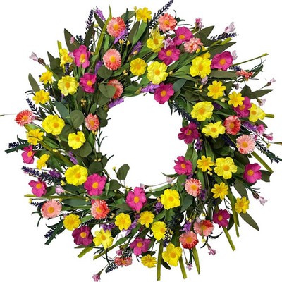 24 Inch Handmade Flower Wreath for Front Door, Spring Summer Wreath with Yellow 