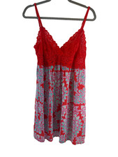 Josie Natori Chemise Nightgown Red Lace Teal Floral Rayon Lightweight Bright L