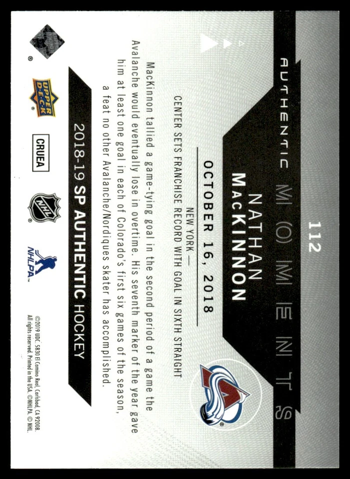 2018-19 SP Authentic Nathan MacKinnon Colorado Avalanche #112 - Image 2 of 2