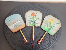 Vintage Floral Wooden Handle Hand Fans Thread 1940-1950 RARE China Lot of 3