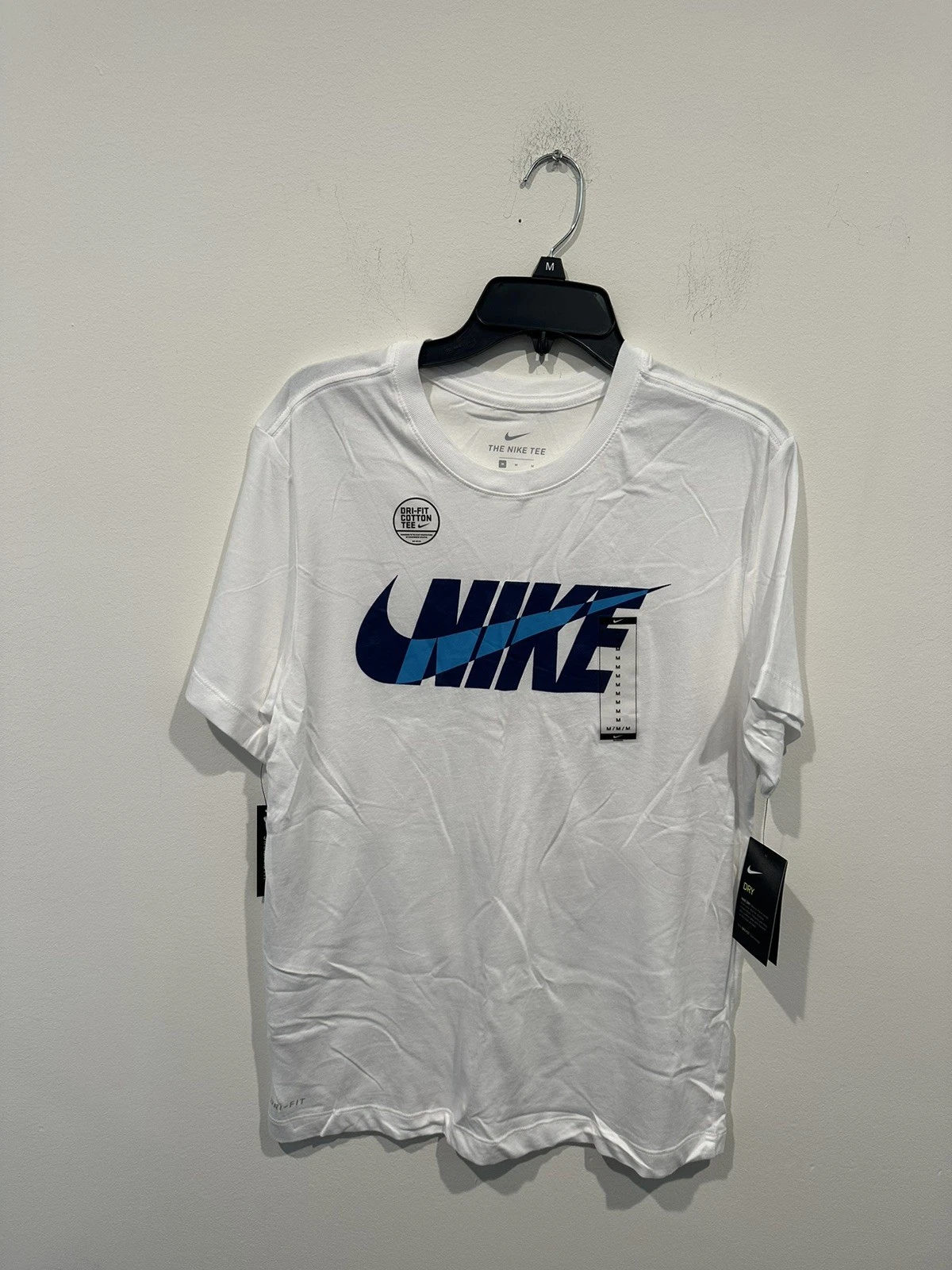 Nike Men's DRI-FIT Tee Shirt White/Blue Medium Cotton Blend New With Tags