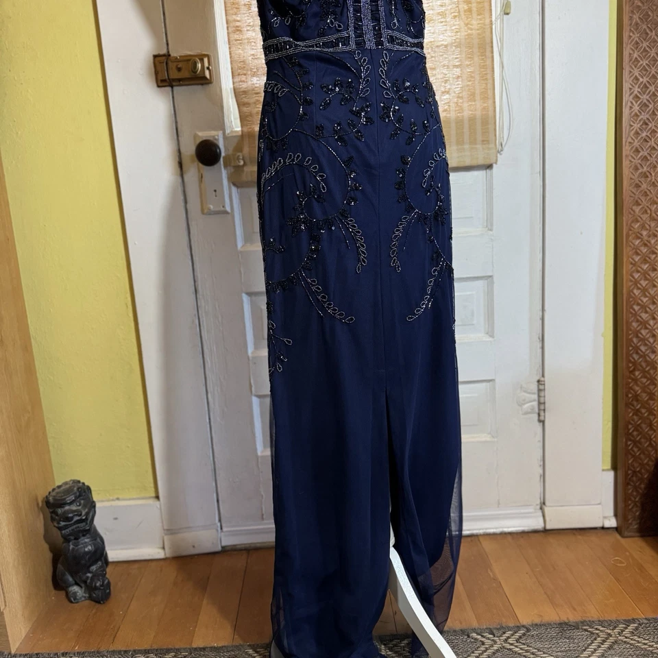Maxi Vestido de Noche Formal Adrianna Papell Para Mujer 10 Azul Marino Con Cuentas Lentejuelas Malla Foto 3 de 4