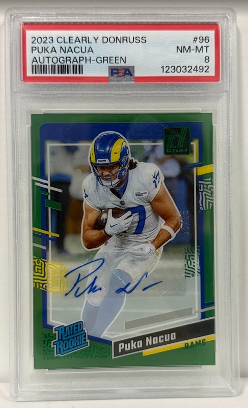 2023 Clearly Donruss Rated Rookie Puka Nacua Green Auto /25 Rams Psa 8