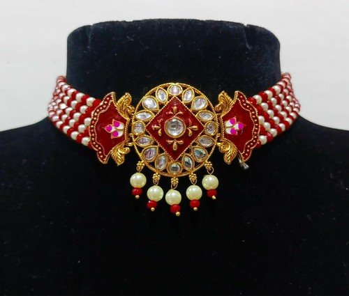 Indian Kundan Necklace Set With Red Meenakari Pearls Beads Dropping Gold Plated - Bild 5 von 5