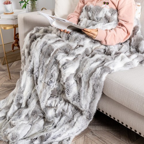 Genuine Rabbit Fur Throw Luxury Warm Blanket Sofa Bedspread Gray White 55inx63in - Picture 2 of 10