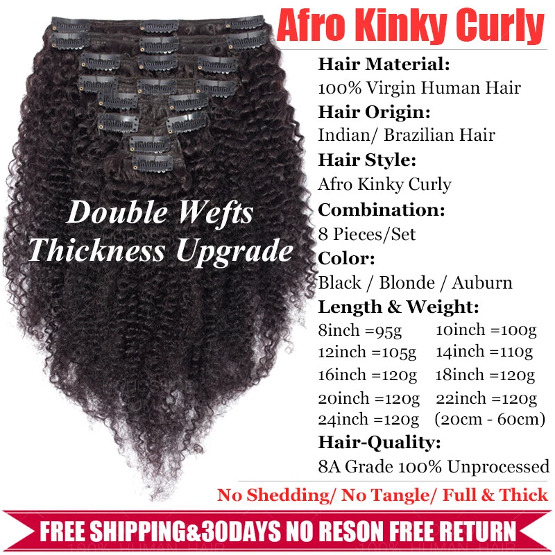 Clip rizado afro rizado grueso cabeza completa en extensiones de cabello humano virgen real negro Foto 3 de 4