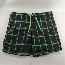 OP Board Shorts Plaid Black Green Lined Mens Size XL