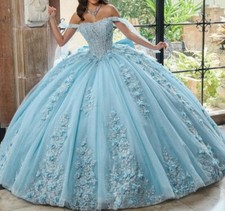 Customized Blue Quinceanera Dress Ball Gown Lace Applique Beaded Crystal Bow