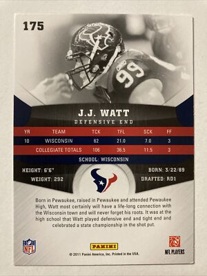 Watt 2011 Panini Gridiron Gear Card #175 (2505)