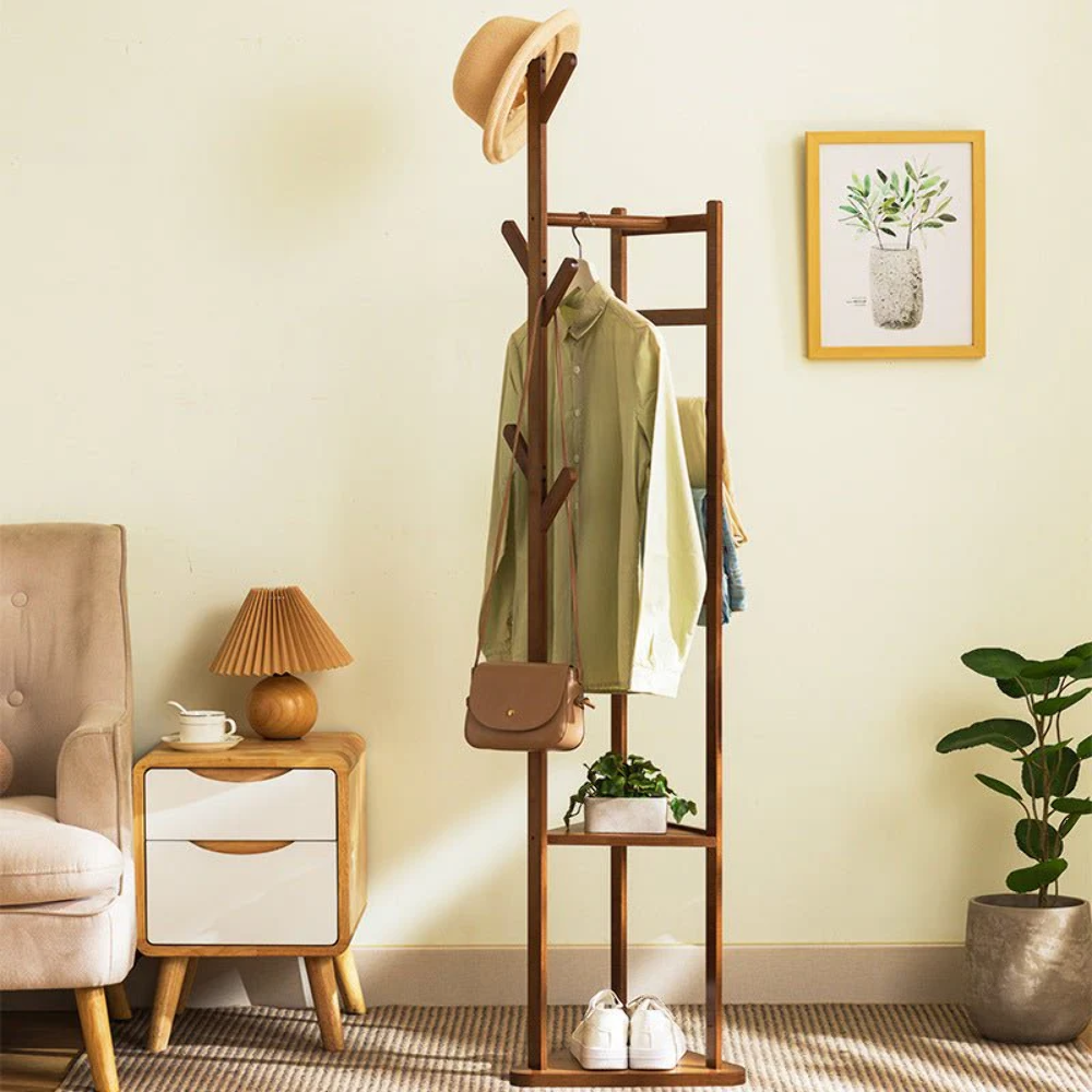 Bamboo Clothes Coat Rack Garment Stand Shelf Tree Hanger Bag Hat