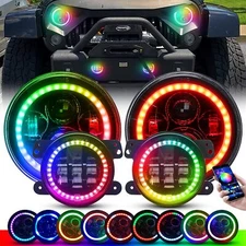 7" Inch Chasing RGB LED Headlights 4" Fog Lights Combo For Jeep Wrangler JK JKU