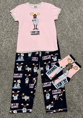 LAZY ONE Size XS Moose Pajama Set Shirt Pants Socks Pink Navy