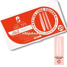 Soft Gel Tips Pre-Shaped Full Tip Coverage Box 550 Pcs- Extra Long Square #20