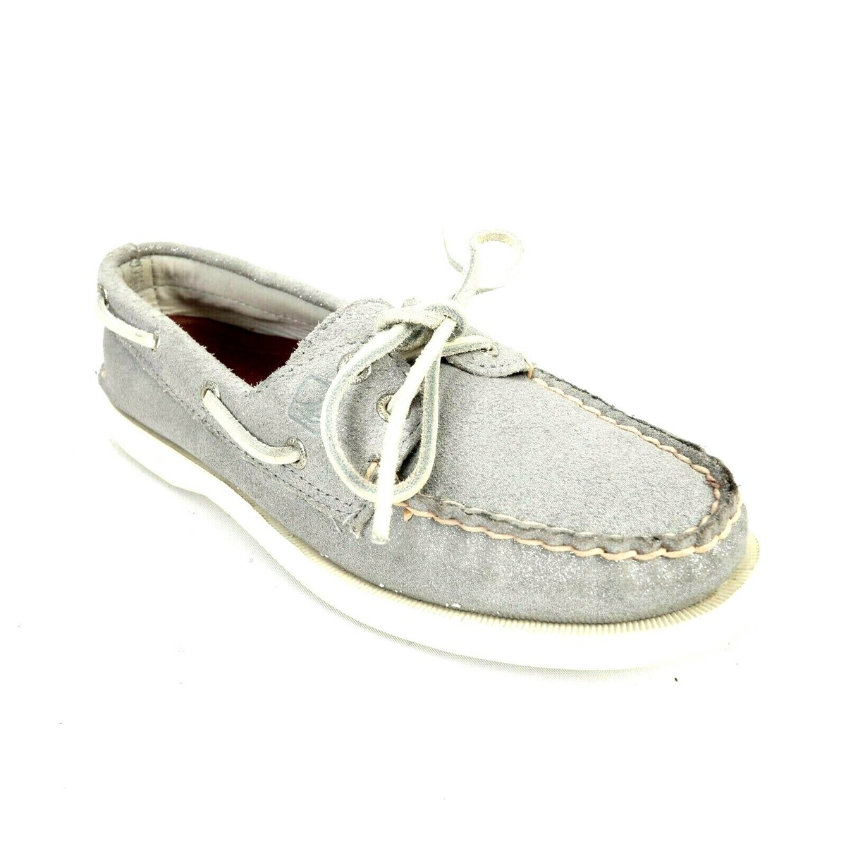 Sperry Women Top-sider Boat Shoes Silver Metallic Glitter Leather