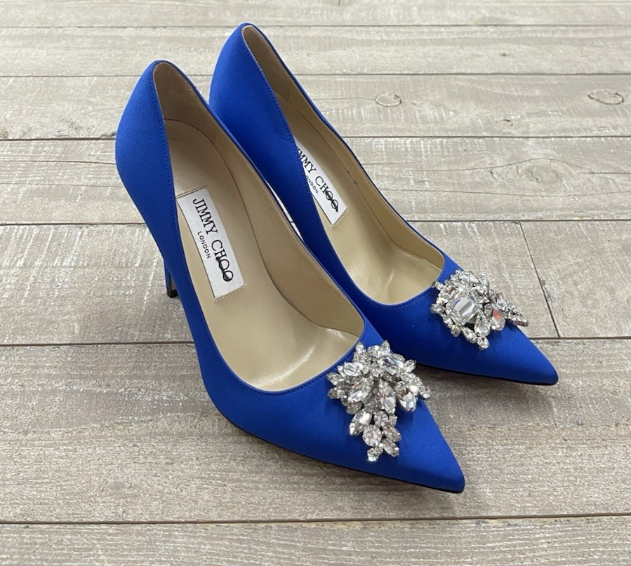 New Jimmy Choo Satin Manda Crystal Embellished Pumps In Blue Size: 35.5 (US 5.5)