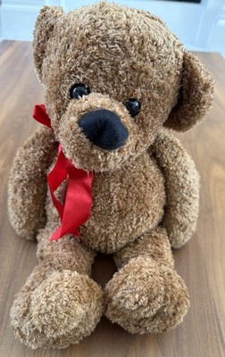 Vtg FTD Brown Teddy Bear Red Ribbon Curly Stuffed Animal Weighted Bean 16  EUC  