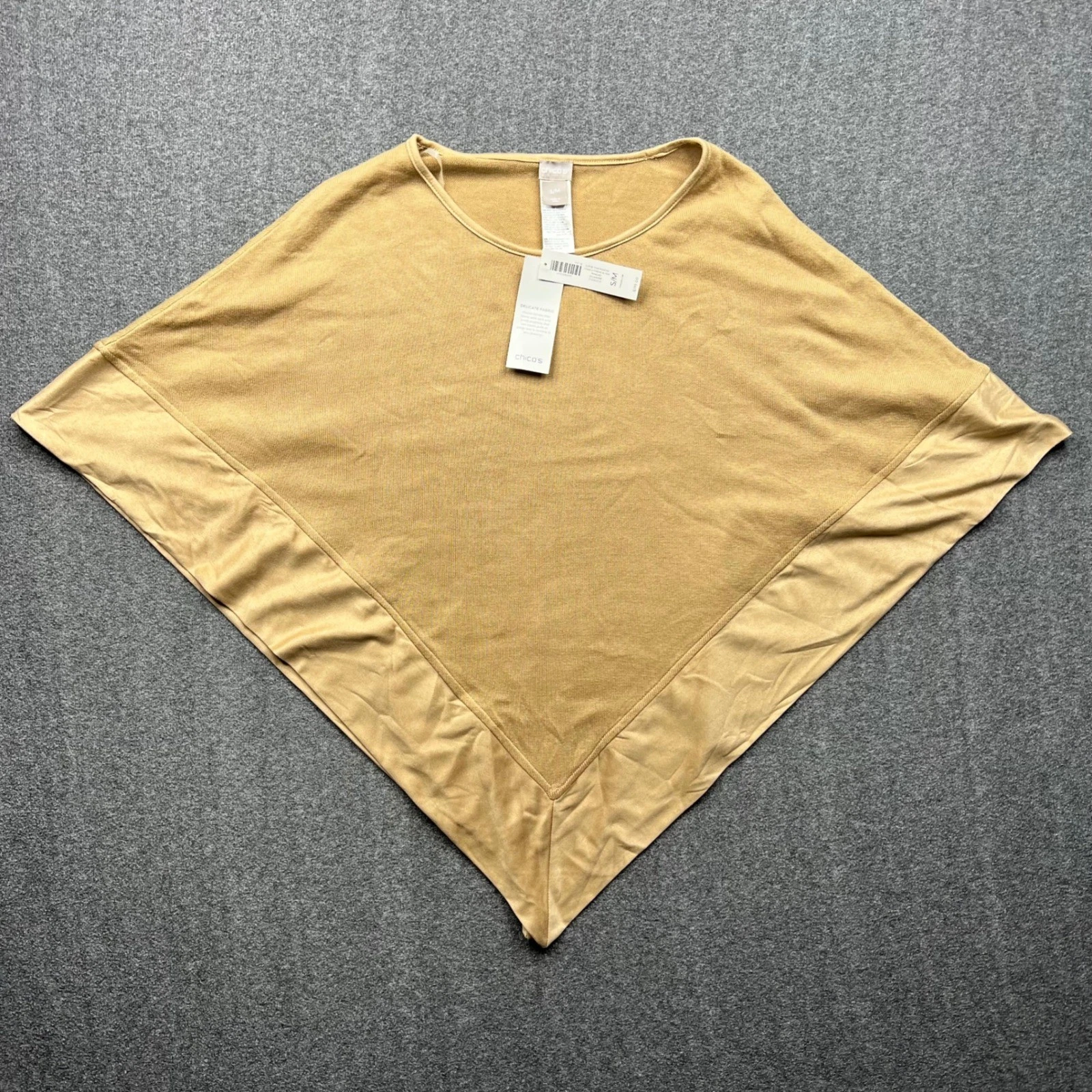Chico's Suede Trim Poncho Women S/M Gold Sycamore Triangle Knit Pullover NEW