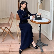 Spring New Womens Navy Blue Knitted Long Sleeve Round Neck Long Slimming Dresses