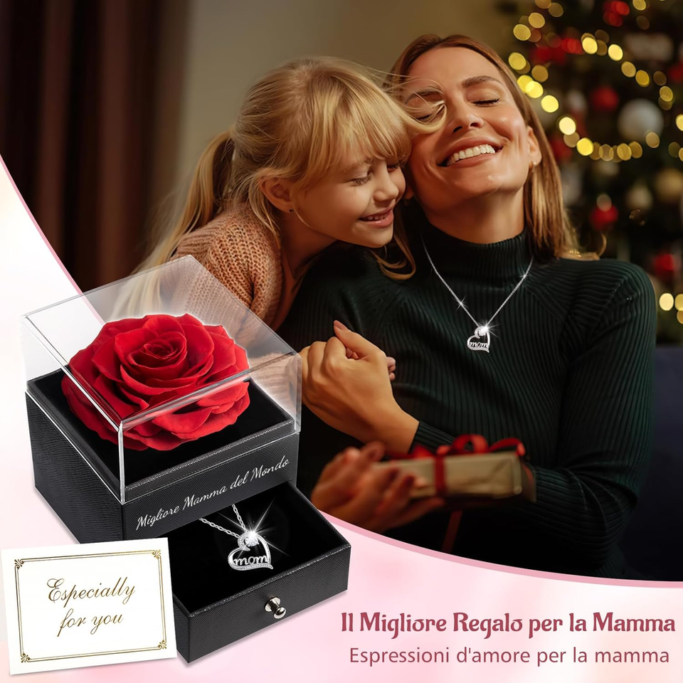 Sunia Regalo Per Mamma - Rosa Eterna Stabilizzata In Teca Con Collana Argento 925 A Cuore 'Maman' - Confezione Regalo Di Lusso - 2