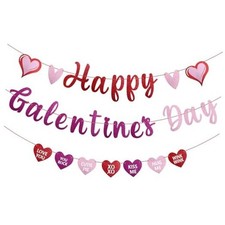 Happy Galentine's Day Banner,Pre-Strung Glitter Galentines Day Red and Pink