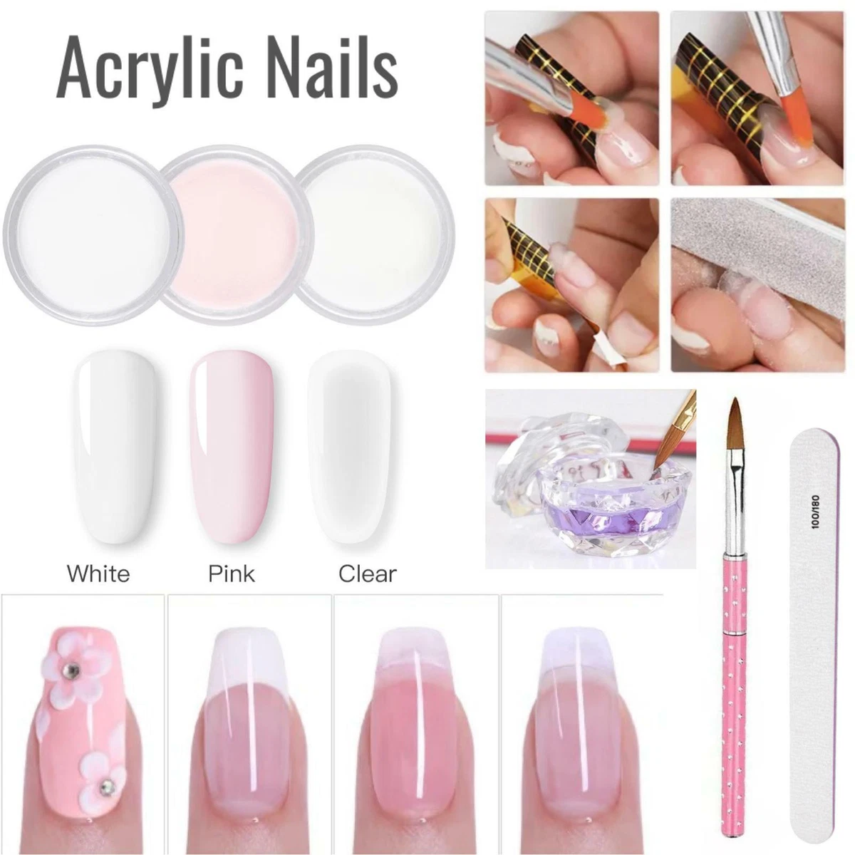 ACRYLIC POWDER SET Nail Extension Manicure KIT Carving Monomer Brush White  Pink