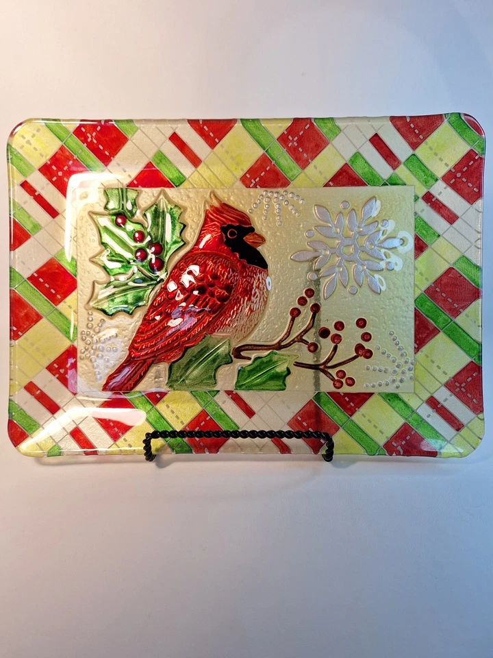Christmas Cardinal Decorative Glass Embossed Platter. " Winter Lodge" - Image 2 of 4