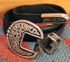 Justin Belt Womens Western Black Leather Ornate Hardware Silver Tones Sz 33