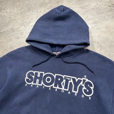 VTG 90s SHORTY'S SKATEBOARDS LOGO SWEATSHIRT HOODIE NAVY BLUE SIZE