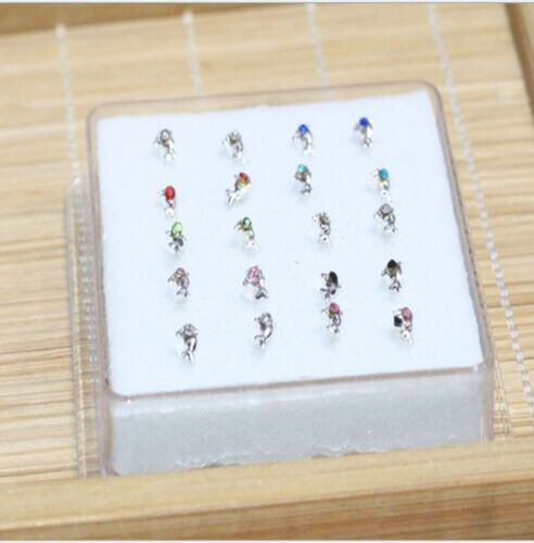 20PCS Solid Silver Mixed Dolphin Crystal Straight Bar Rod Nose Stud Wholesale - Picture 1 of 1
