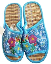 Aqua Double Floral Embroidered Shoe Slipper with Rubber Sole Size Large