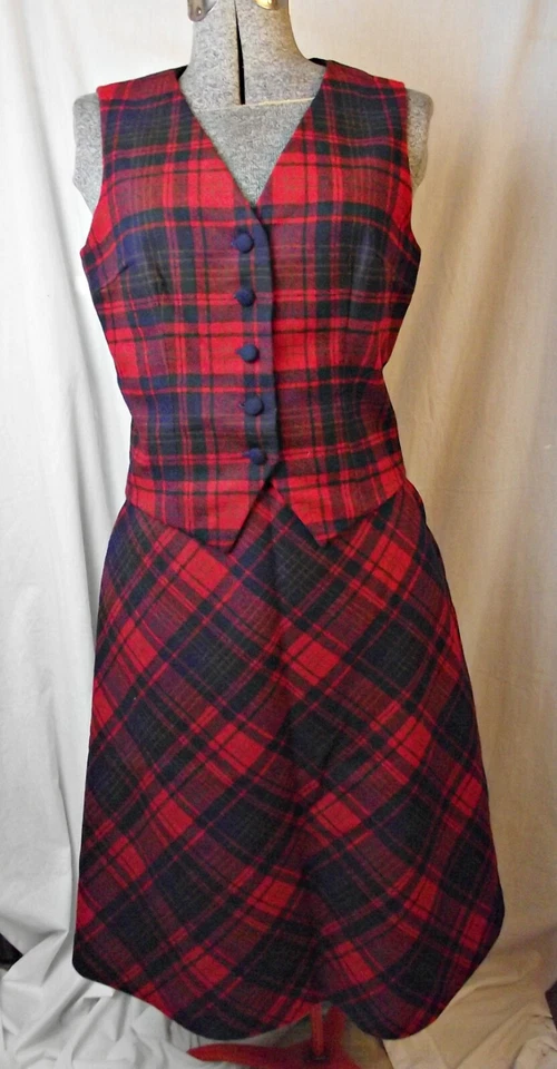 Conjunto de falda chaleco a cuadros rojo azul hecho a medida de lana Pendleton 10 Med de colección años 70 para mujer Foto 2 de 4