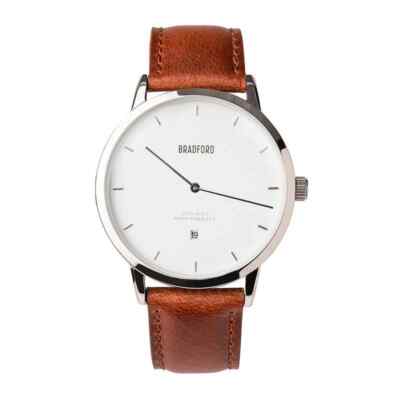 Bradford The Taylor Men's Polished Steel Case Brown Leather Analog Quartz Watch