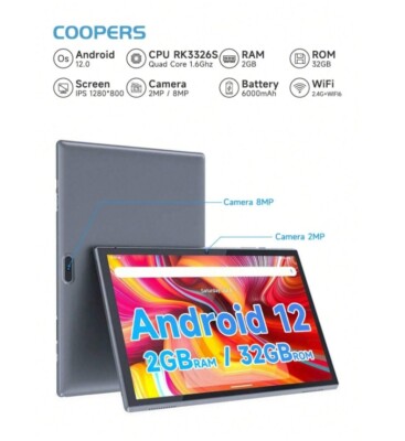 Coopers 10.1'' Android 12 Tablet 2GB 32GB Quad Core 1.6GHz WIFI Black NEW SEALED