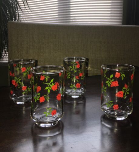 Vintage Libbey Red Rose 6 Oz. Juice Glasses - Set of 4 - Afbeelding 1 van 5