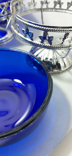 Vintage 1970s Cobalt Blue Glass Mayell England Breakfast Sugar Creamer Jam Bowl - Picture 8 of 14