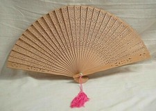 Wooden Asian Oriental Japanese Fan Hand Carved Wood Pink Tassel Original Box