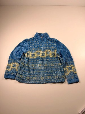 Vintage Talbots Teddy Fleece Pullover Norweger Schneeflocken Blau Gelb L